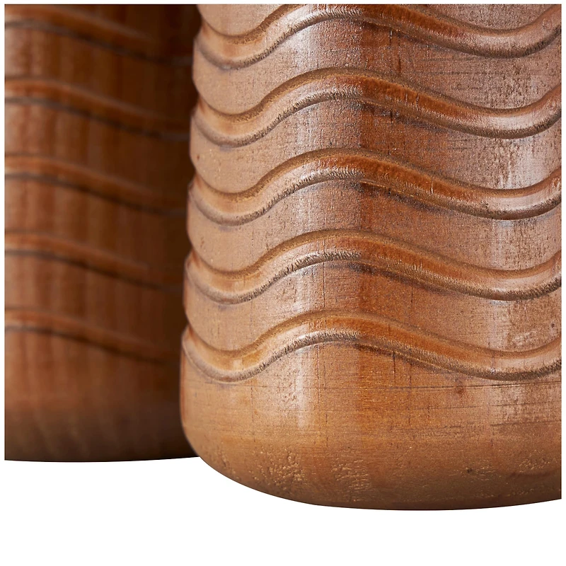Brown Wood Vase with Carved Wavy Design Set