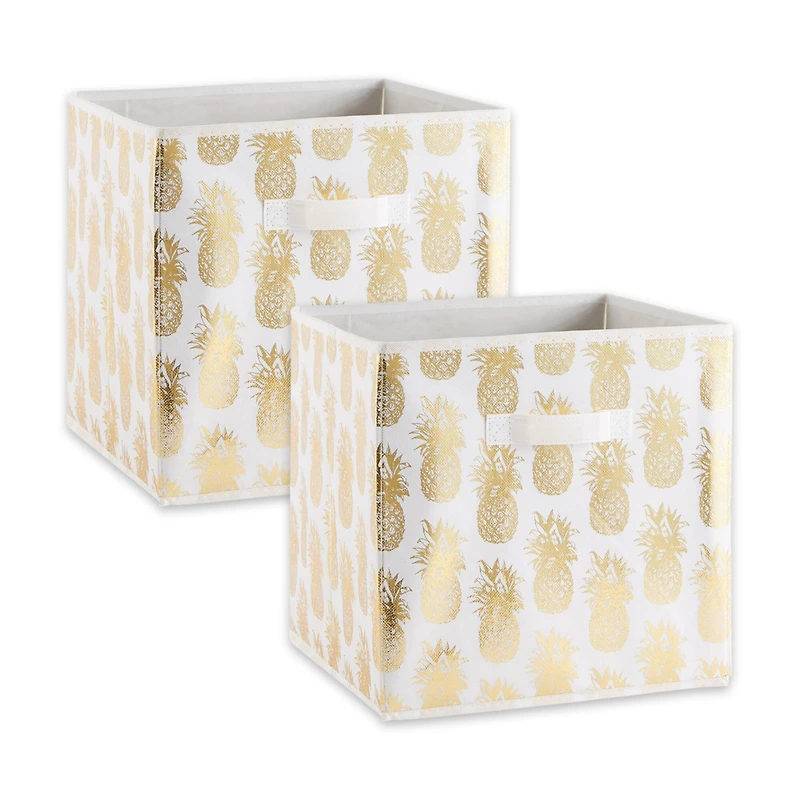 DII® 13" Nonwoven Polyester White & Gold Pineapple Storage Cube, 2ct.