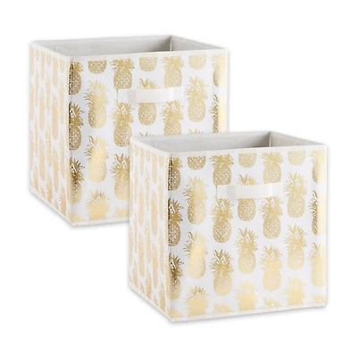 DII® 13" Nonwoven Polyester White & Gold Pineapple Storage Cube, 2ct.