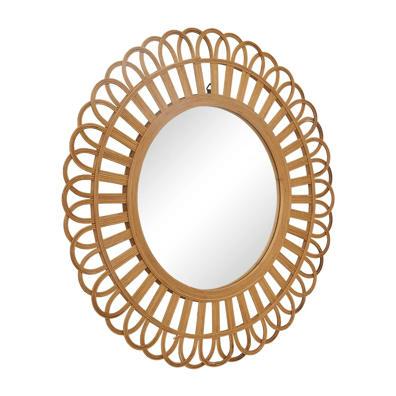Brown Rattan Bohemian Wall Mirror, 35" x 35" x 1"