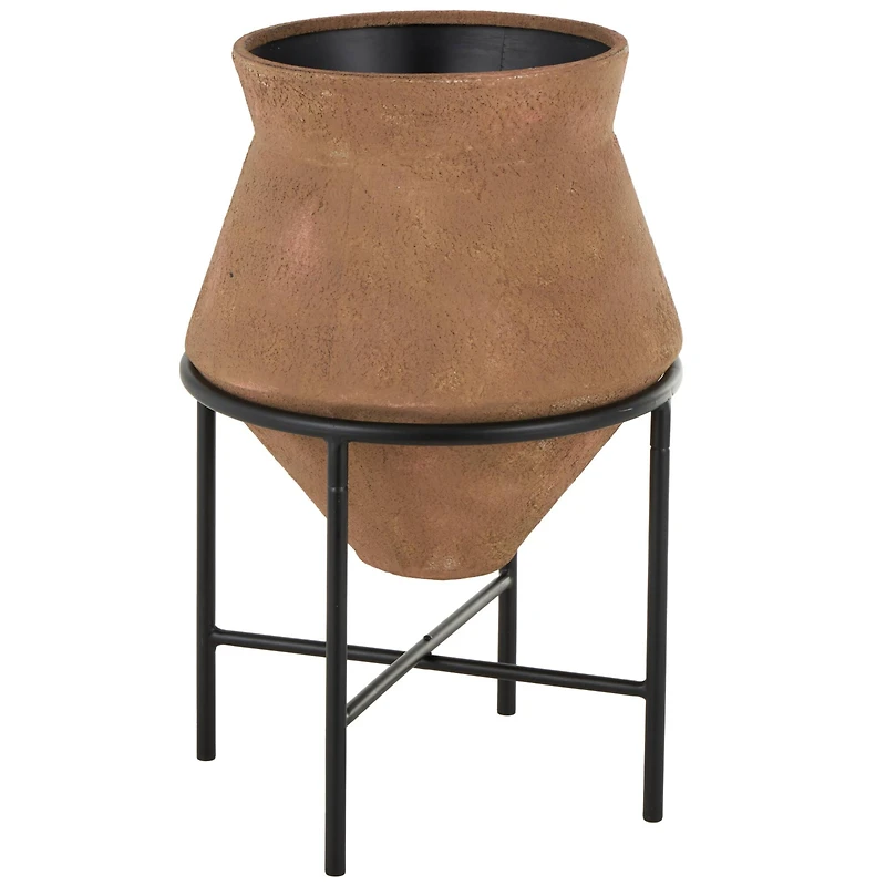 24.5" Brown Metal Wide Decorative Vase with Black Stand