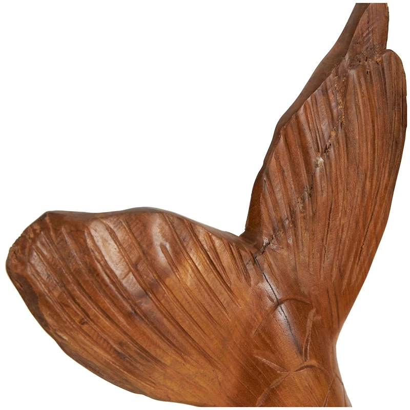 Brown Teak Wood Whale Handmade Tail Live Edge Sculpture with Intricate Carvings Set