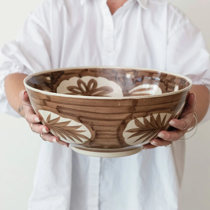 Hello Honey® 14" Brown & White Hand-Painted Stoneware Bowls, 2ct.