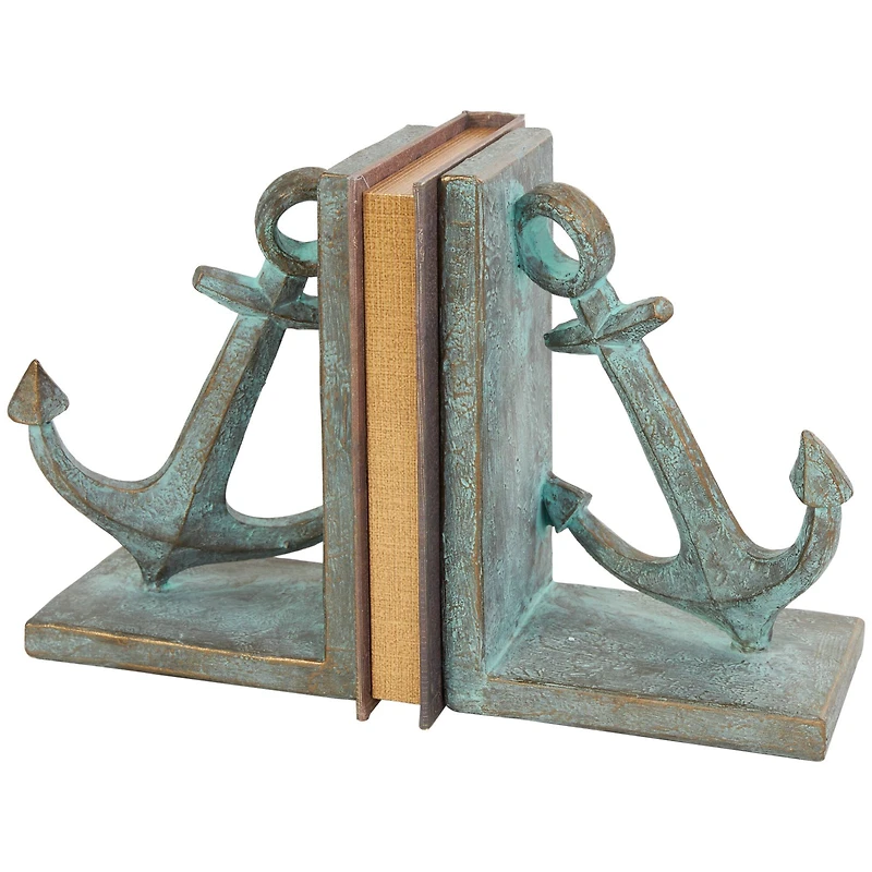 8.5" Blue Polystone Anchor Distressed Patina Bookends with Gold Foil Accents Set