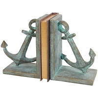 8.5" Blue Polystone Anchor Distressed Patina Bookends with Gold Foil Accents Set