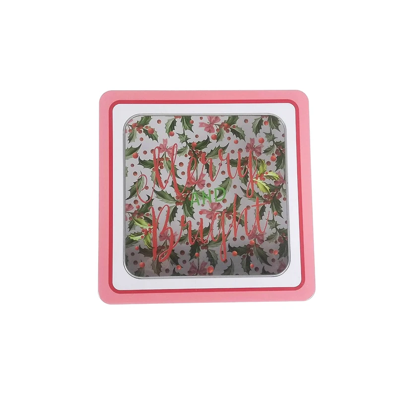 Merry and Bright Holly with Clear Window Square Christmas Tin by Makery™