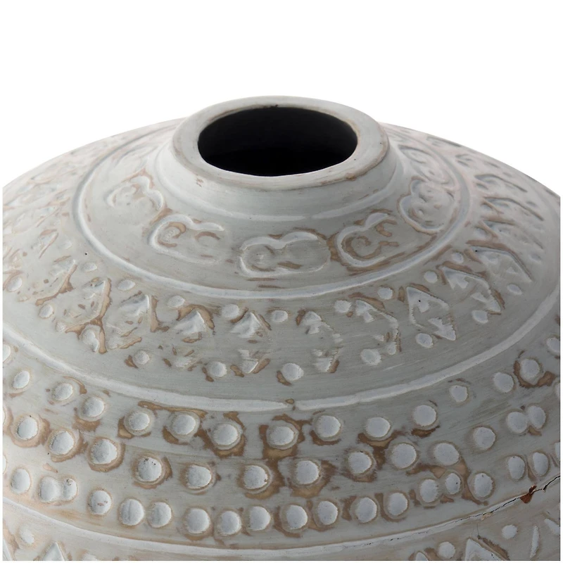 11.75" Green Antique-Style Wide Rounded Ceramic Vase with Geometric Carvings