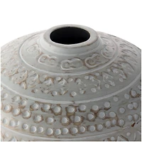 11.75" Green Antique-Style Wide Rounded Ceramic Vase with Geometric Carvings