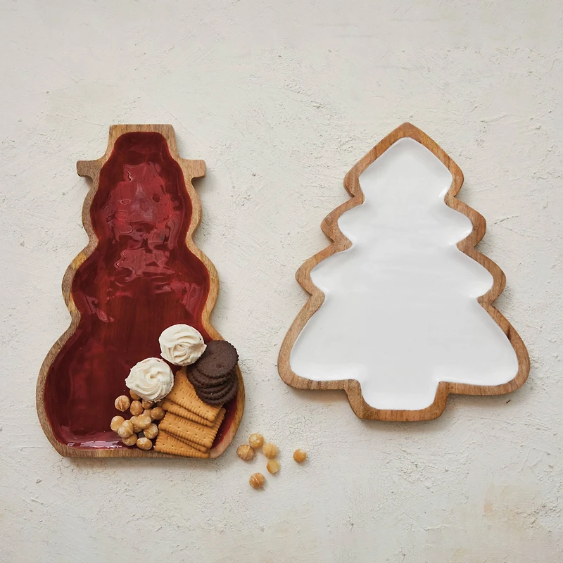 Hello Honey® 14.5" White & Natural Enameled Mango Wood Christmas Tree Shaped Tray