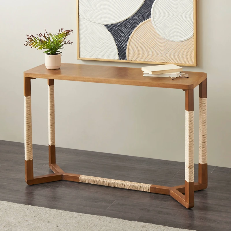 47.25" Brown Wooden Living Room Console Table with Rope Wrapped Frame