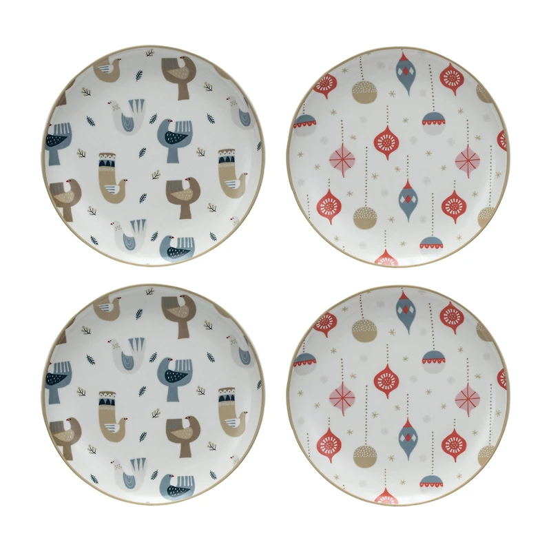 Hello Honey® 8" Round Bird & Ornament Print Stoneware Holiday Plates, 4ct.