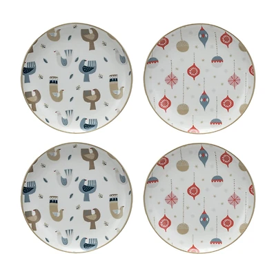 Hello Honey® 8" Round Bird & Ornament Print Stoneware Holiday Plates, 4ct.