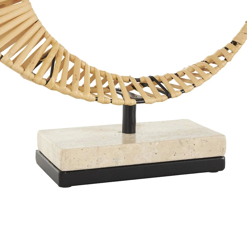 15.5" Brown Rattan Abstract Handmade Mobius Strip Inspired Sculpture with White Marble Base