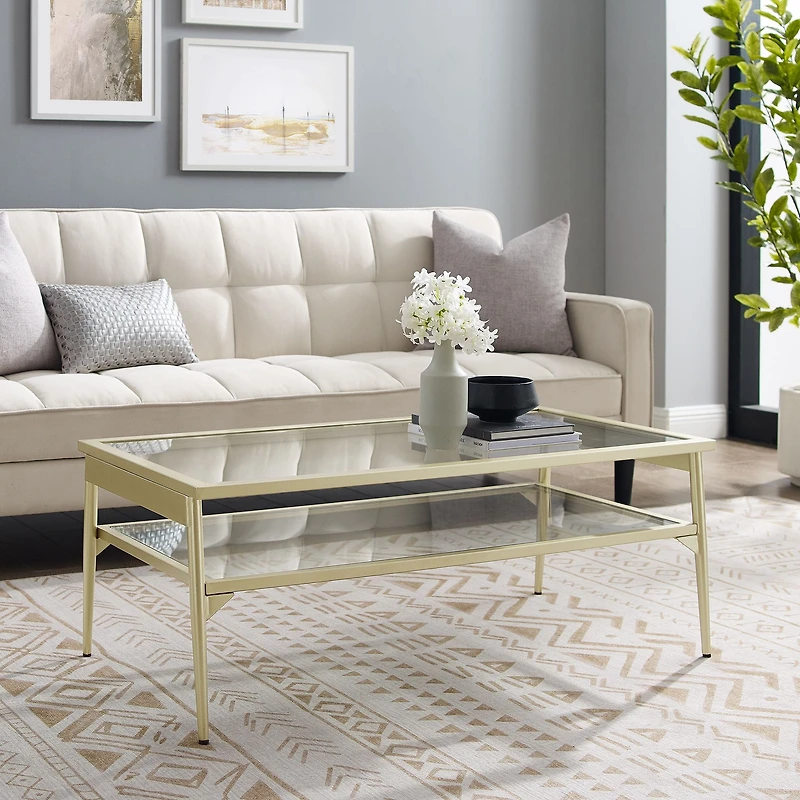 42" Gold Two Tier Glass and Metal Coffee Table