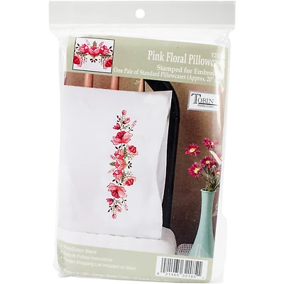 Tobin Stamped For Embroidery Pink Floral Pillowcase Pair