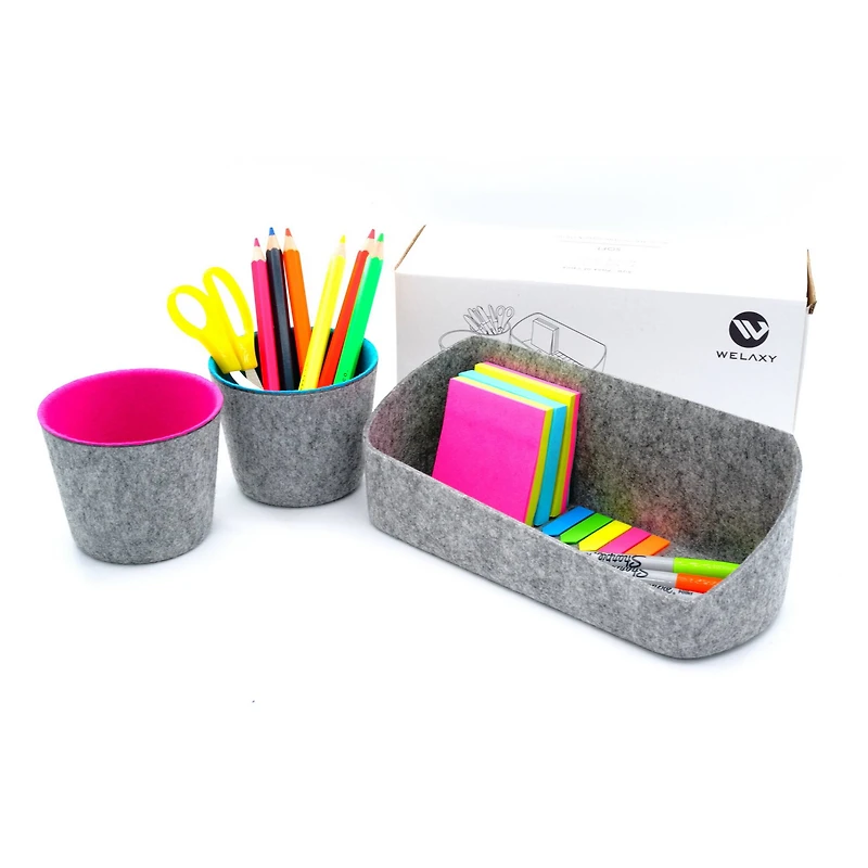 Welaxy Felt 3 Piece Gray Tray with Turquoise & Hot Pink Cups Desktop Organizer Set
