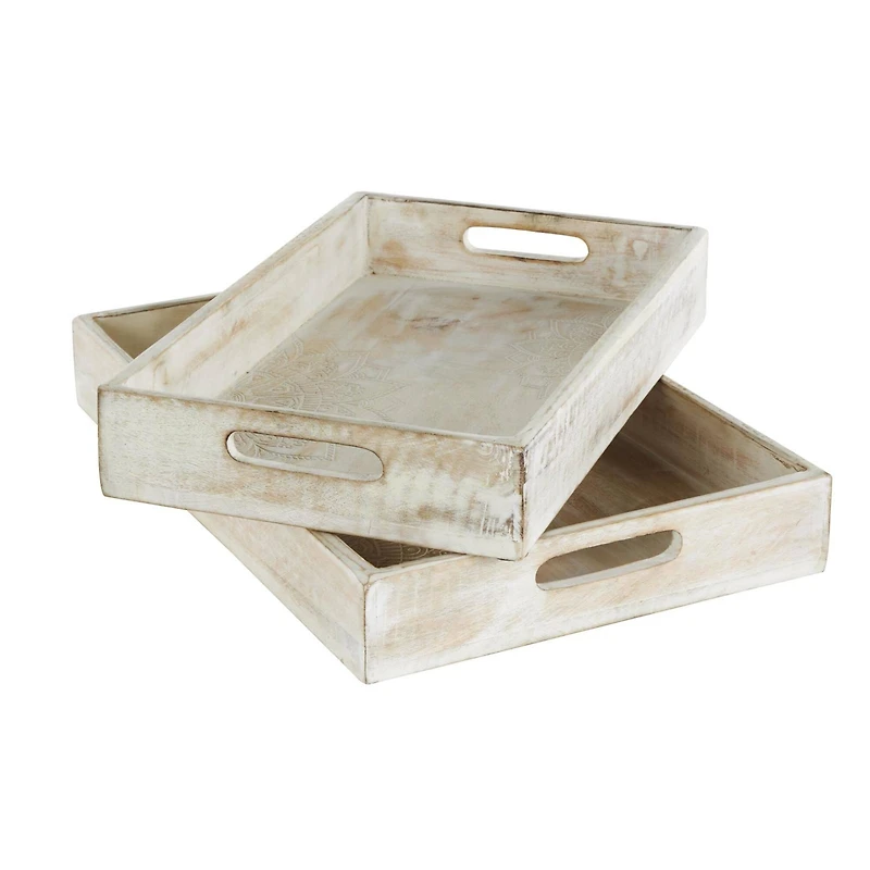 Whitewashed Carved Mandala Mango Wood Tray Set