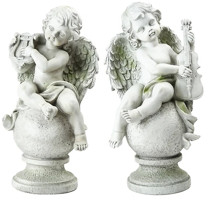 14.75" Gray Cherub Angels with Instruments Sitting on Finials Outdoor Garden Statues