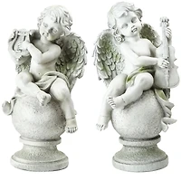 14.75" Gray Cherub Angels with Instruments Sitting on Finials Outdoor Garden Statues