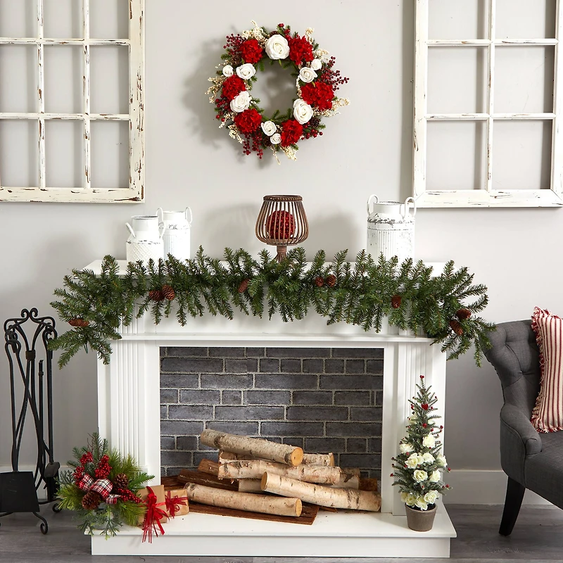 24" Red Hydrangea with White Roses Wreath