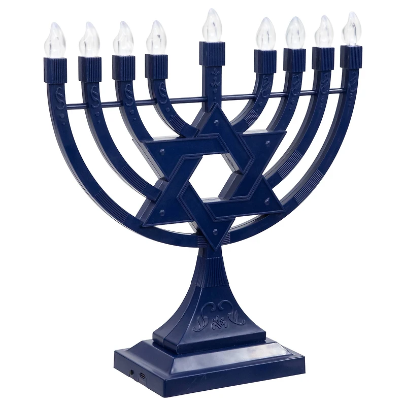 Battery Operated LED Lighted Star of David Hanukkah Menorah - 11.75" - Blue