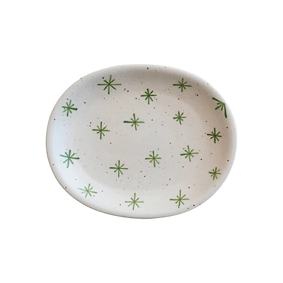 Hello Honey® 10" Cream & Green Speckled Hand-Painted Stoneware Platter with Stars