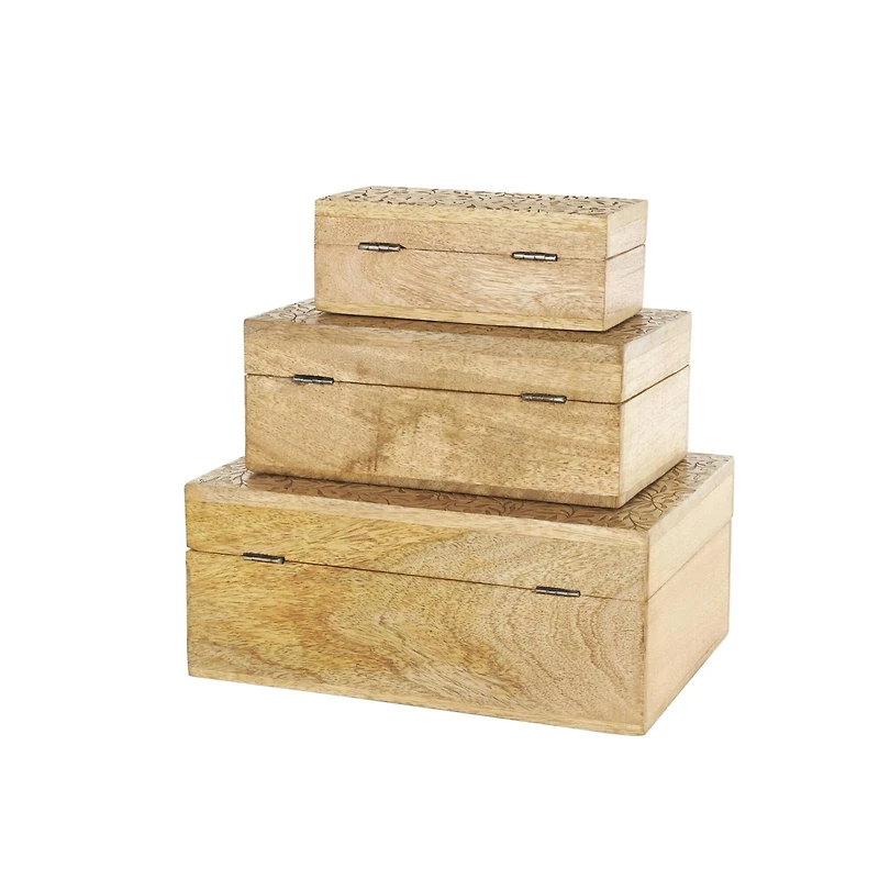 Brown Mango Wood Scroll Handmade Storage Box with Vine Carvings & Gold Accents, 3ct.