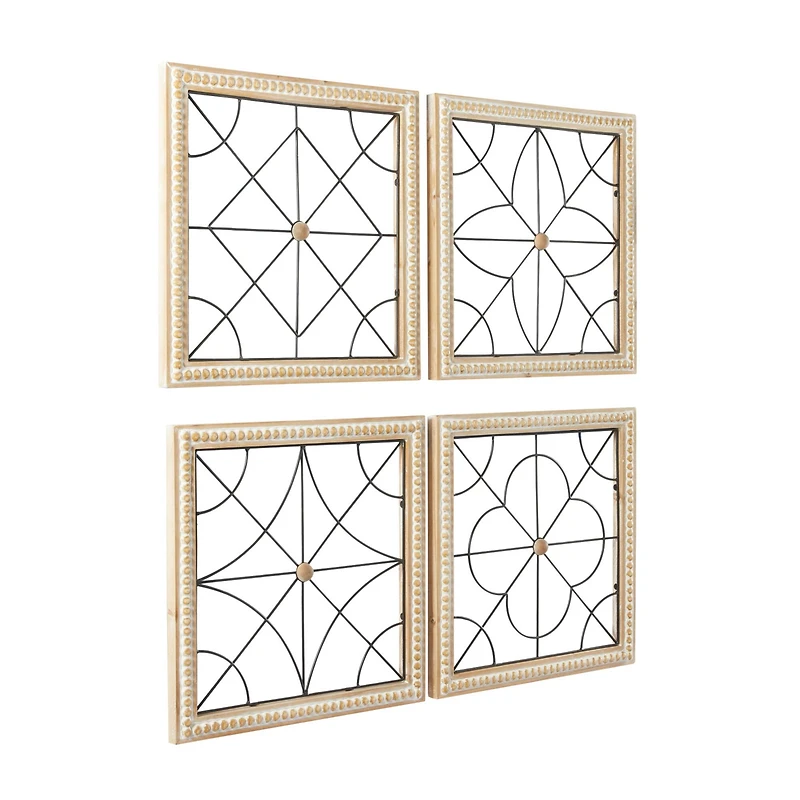 Brown Wood Carved Beading Geometric Wall Decor with Metal Wire Set of 4 16", 16"