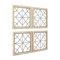 Brown Wood Carved Beading Geometric Wall Decor with Metal Wire Set of 4 16", 16"