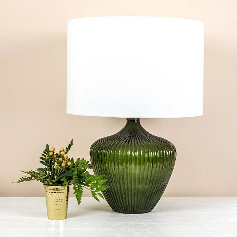 Hello Honey® 2ft. Green Glass Table Lamp with White Drum Shade