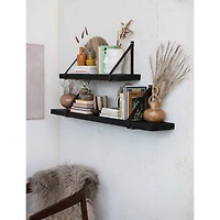 Hello Honey® 29.5" Black Mango Wood & Leather Straps Wall Shelf