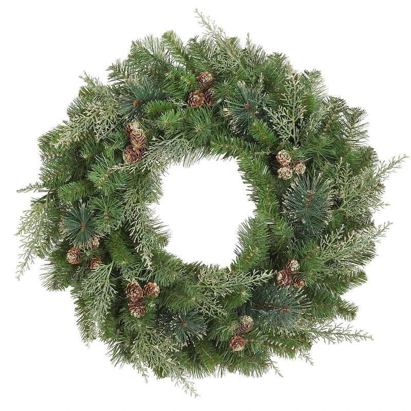 Haute Decor 24" Pre-Lit Bergen Pine Gold Accents Wreath, Soft White LED Lights