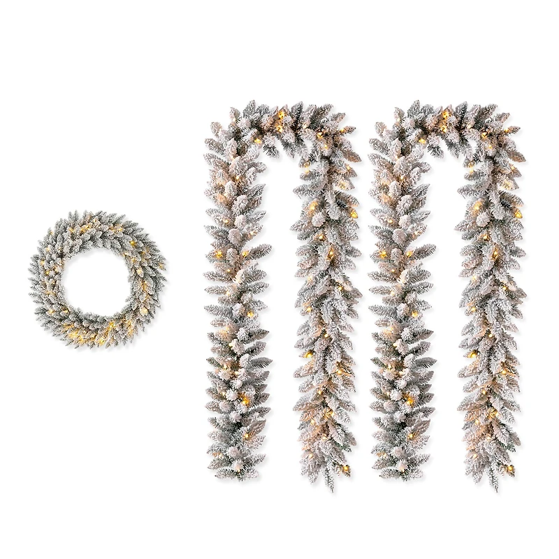 Glitzhome® 36" Oversized Pre-Lit Snow Flocked Christmas Wreath & Garland Set