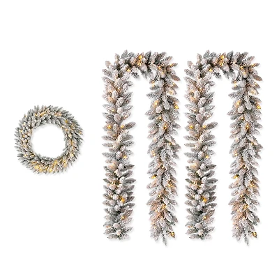 Glitzhome® 36" Oversized Pre-Lit Snow Flocked Christmas Wreath & Garland Set