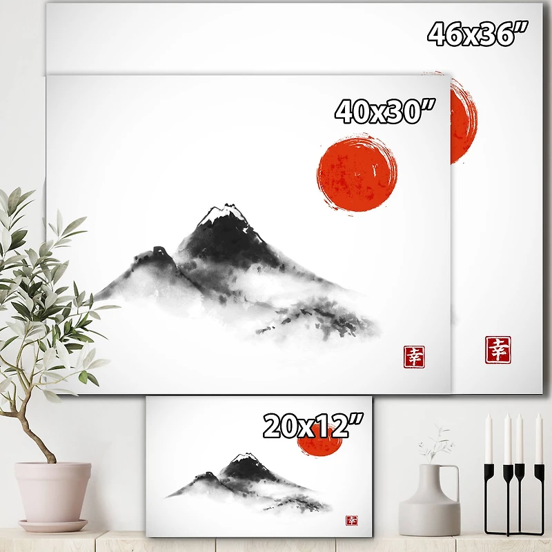 Designart - Japanese Red Moon In Traditional Sumi-e Painting III