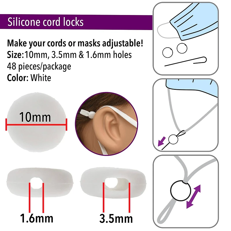 Fablastic™ White Silicone Cord Locks, 10mm