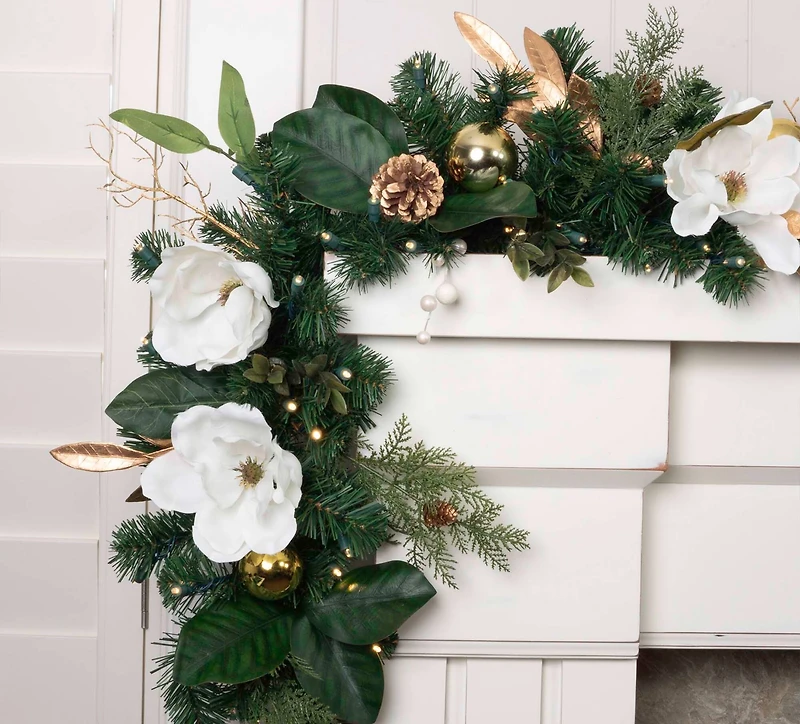 9ft. Pre-Lit Artificial White & Gold Magnolia Christmas Garland White Gold Magnolia