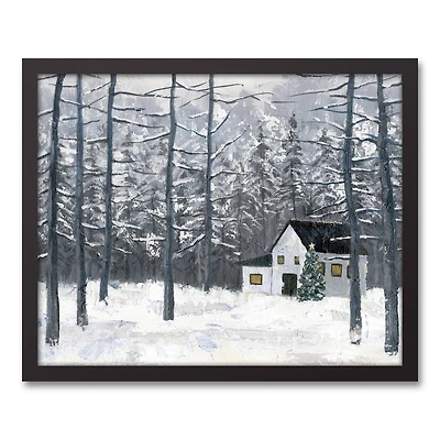 Painted Winter Cottage Black Framed Canvas Wall Art