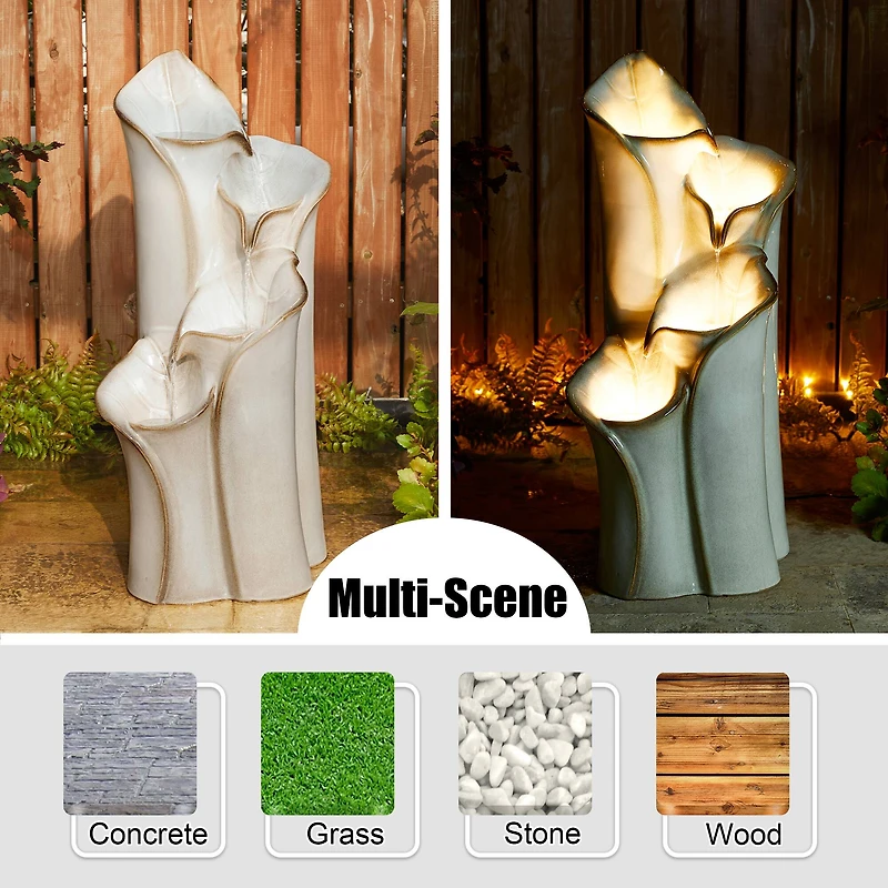 Glitzhome® 31.25" 4-Tier LED Lotus Leaf Textured Ceramic Vase Outdoor Floor Fountain