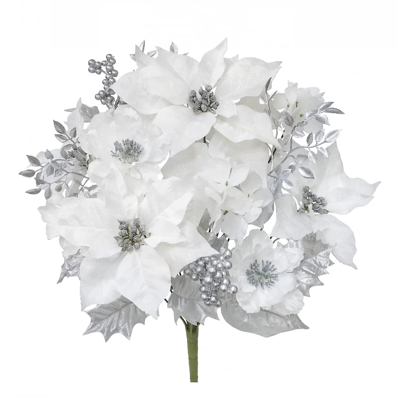 21" White & Silver Poinsettia, Peony & Berry Deluxe Bush by Ashland®