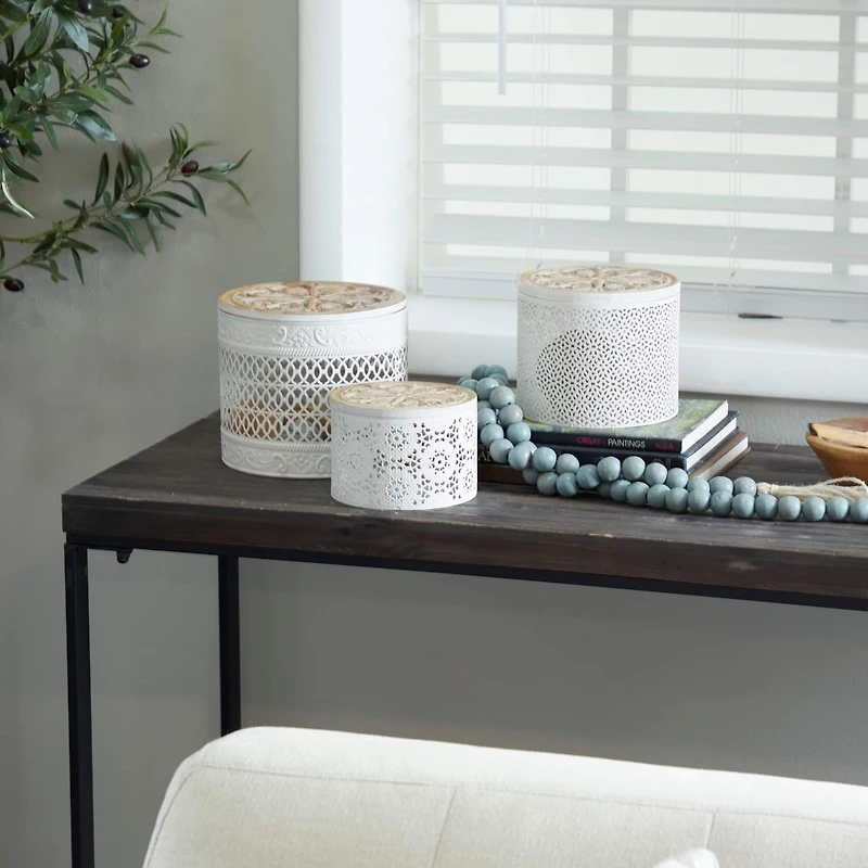 White Metal Laser Cut Metal Decorative Jars with Carved Wood Lids Set