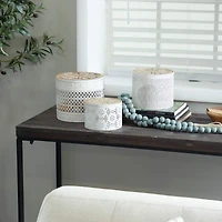 White Metal Laser Cut Metal Decorative Jars with Carved Wood Lids Set