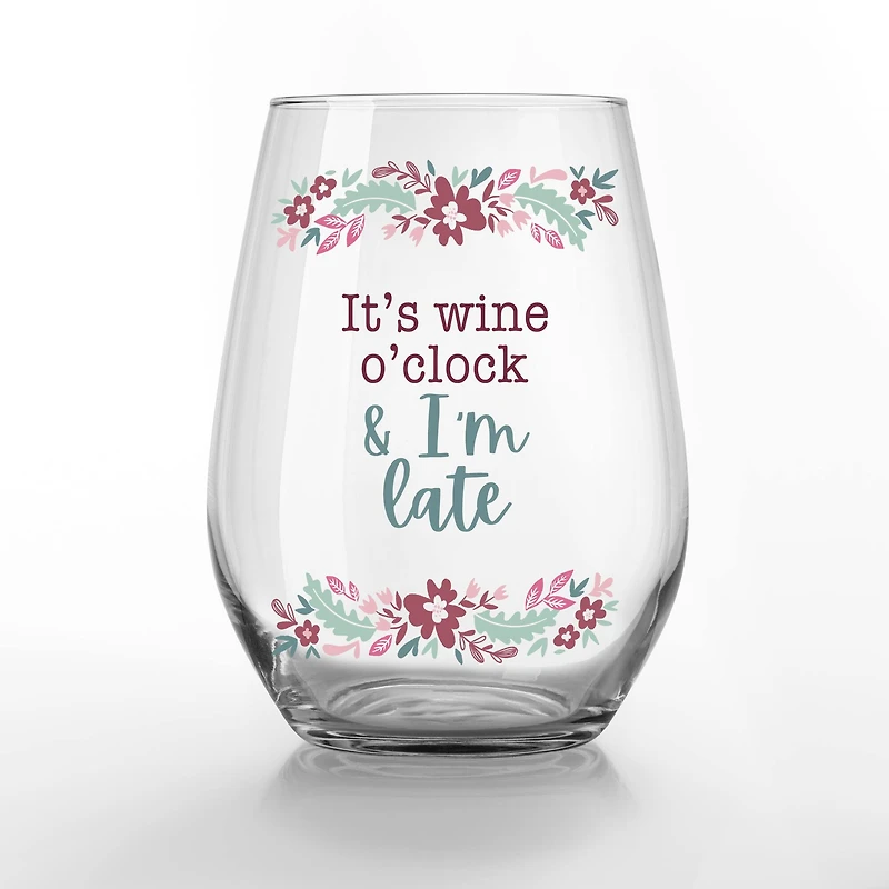15oz. I'm Late for Wine O'Clock Printed Stemless Wine Glass