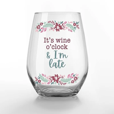 15oz. I'm Late for Wine O'Clock Printed Stemless Wine Glass