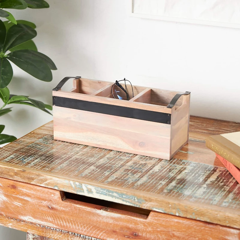 11.5" Beige Wood Modern 3 Section Decorative Tray with Metal Handles