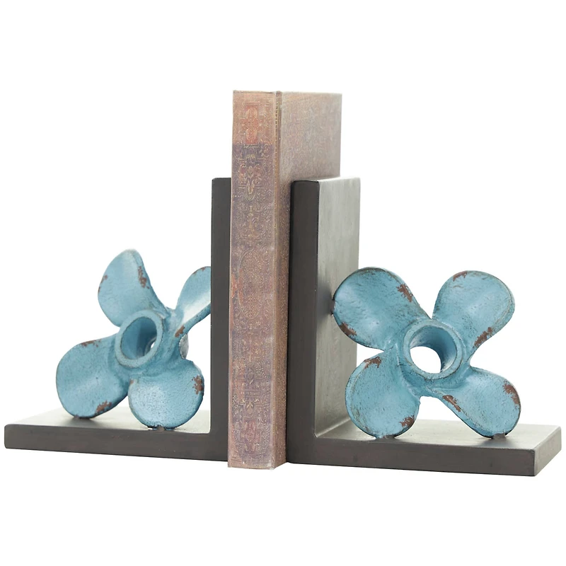 6.5" Teal Metal Boat Distressed Propeller Bookends with Brown L-Shaped Stands