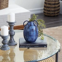 Blue Ceramic Contemporary Vase, 9" x 6" x 6"