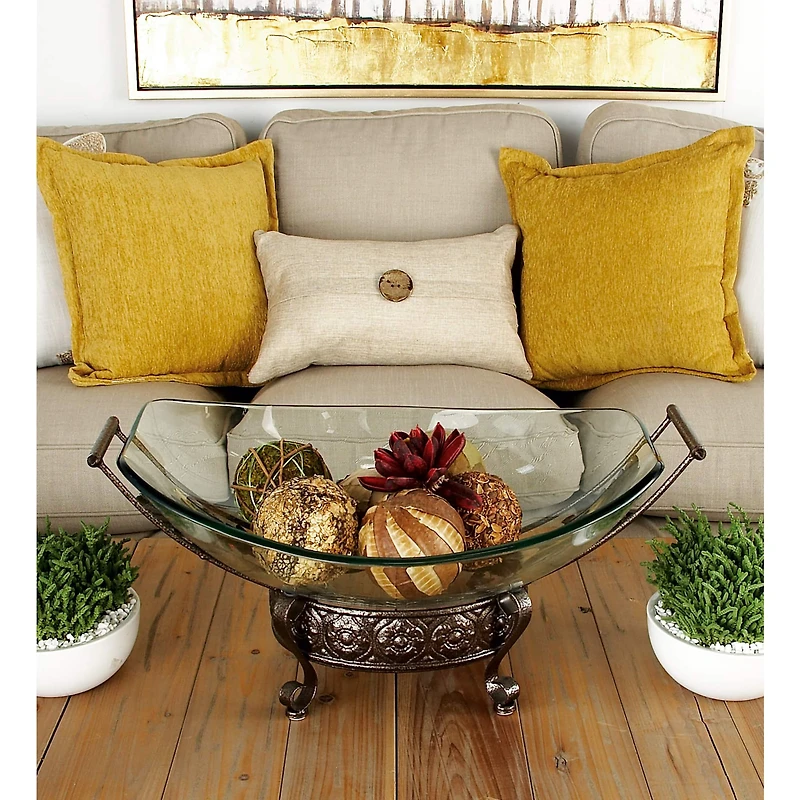 Brown Glass and Metal Traditional Serving Bowl, 10" x 23" x 14"