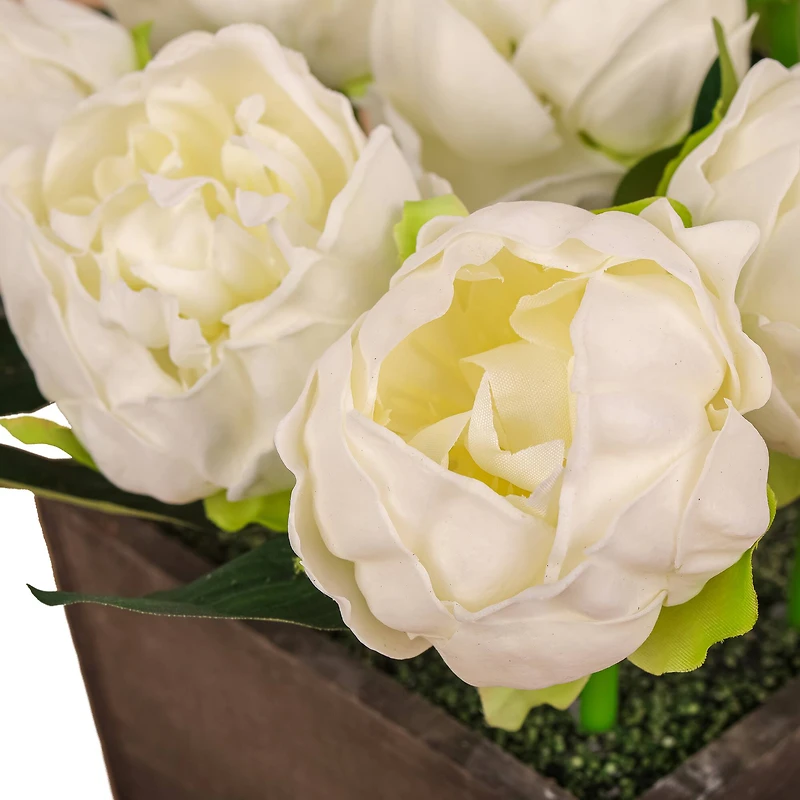 10" White Peony Flowers In Wood Box