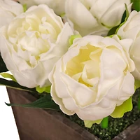 10" White Peony Flowers In Wood Box